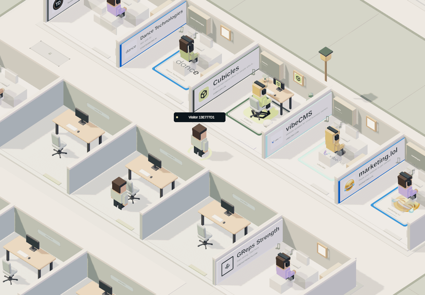 The Cubicles shared office world, with player avatars, personalized desks, and project signs.